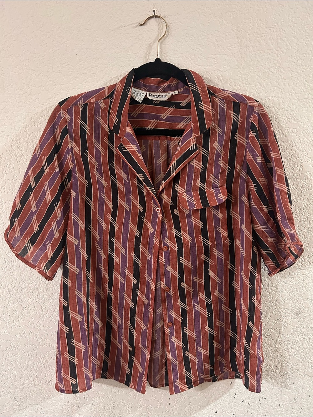 Personal Rust, Black & Mauve Striped Short-Sleeve Button-Up Shirt